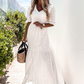 White Lace Crochet Open Back Ruffled High Waist Maxi Dress
