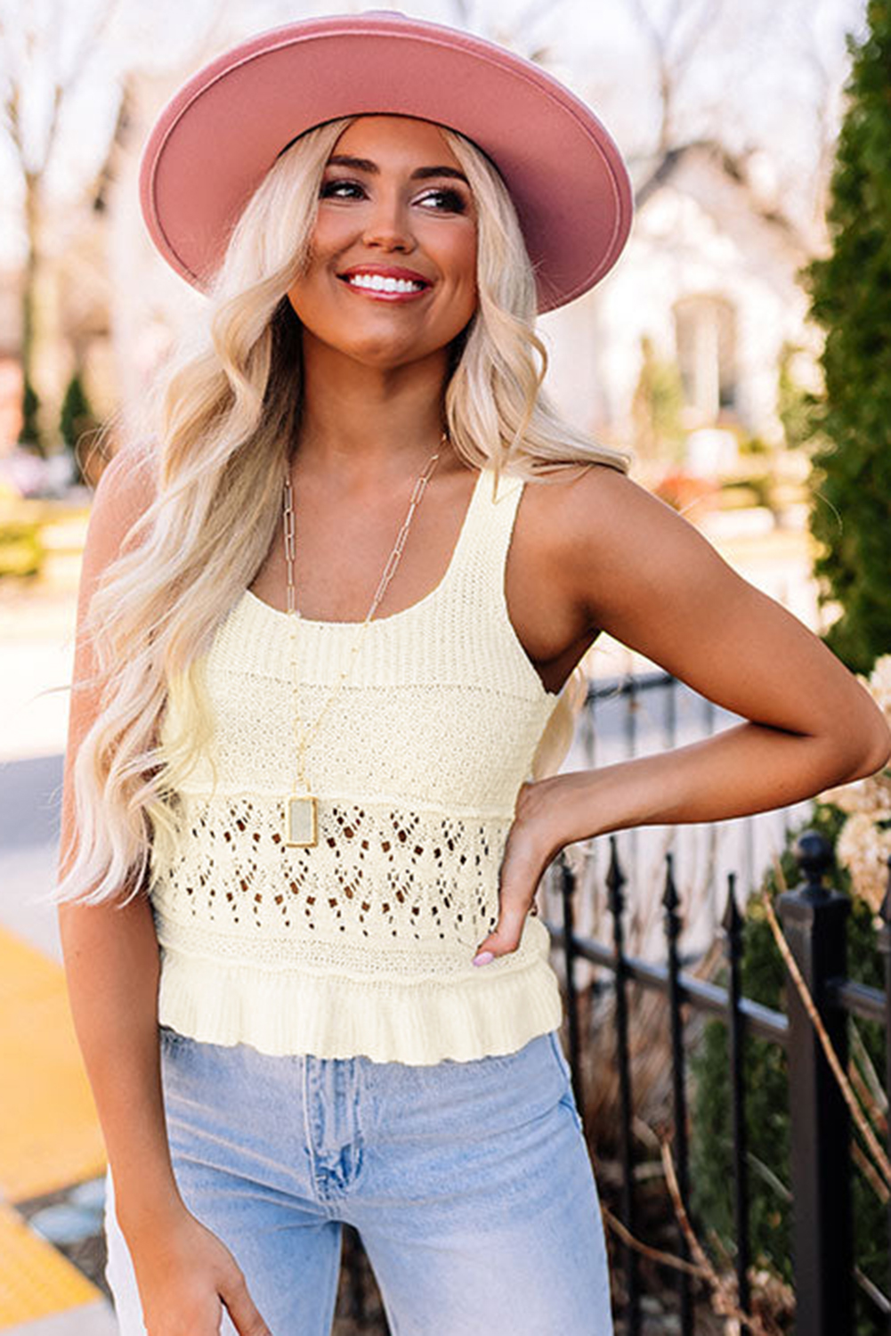 White Crochet Knit Tank With Ruffle