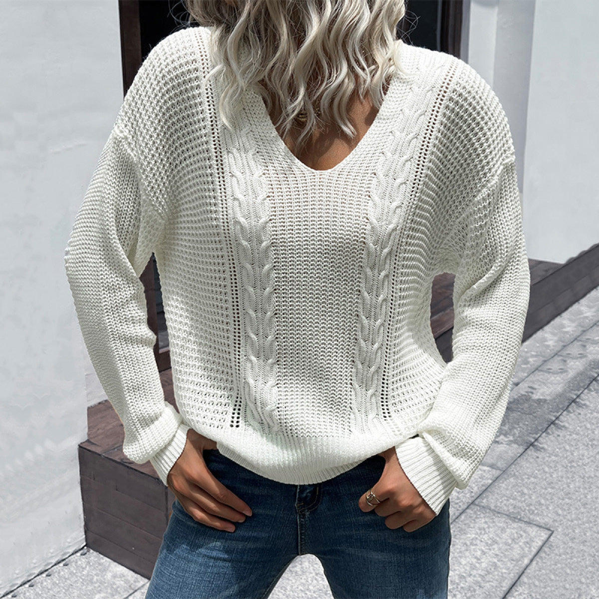 V-Neck Long Sleeve Solid Cable Knit Sweater