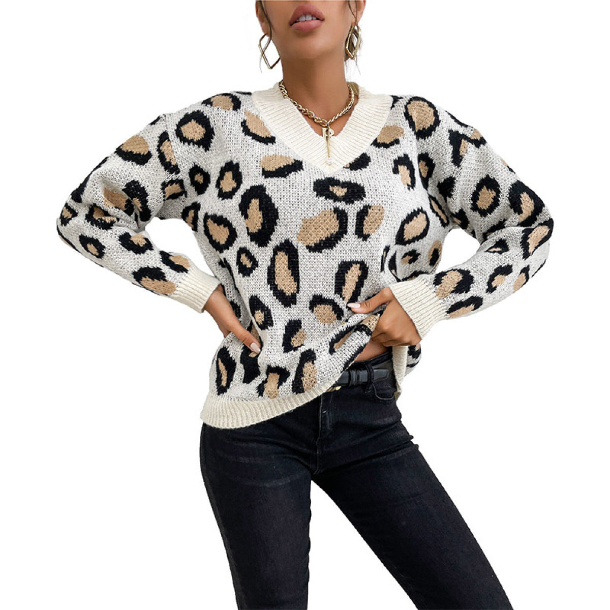 V-Neck Long Sleeve Leopard Knit Sweater