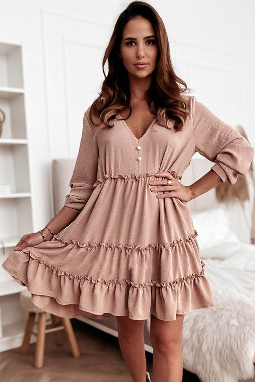 V Neck Frilled Tiered Flowy Mini Dress
