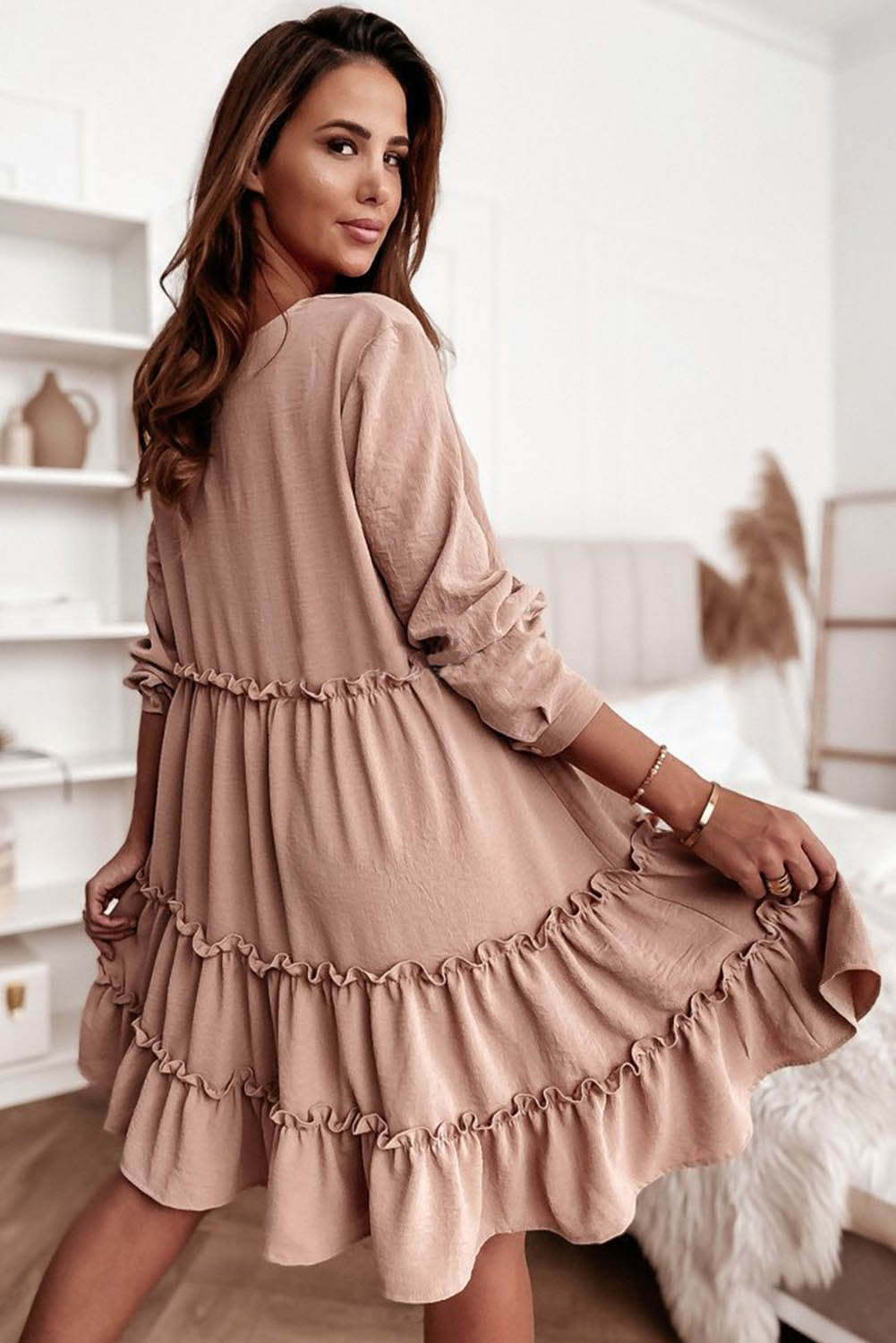 V Neck Frilled Tiered Flowy Mini Dress