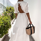 White Lace Crochet Open Back Ruffled High Waist Maxi Dress