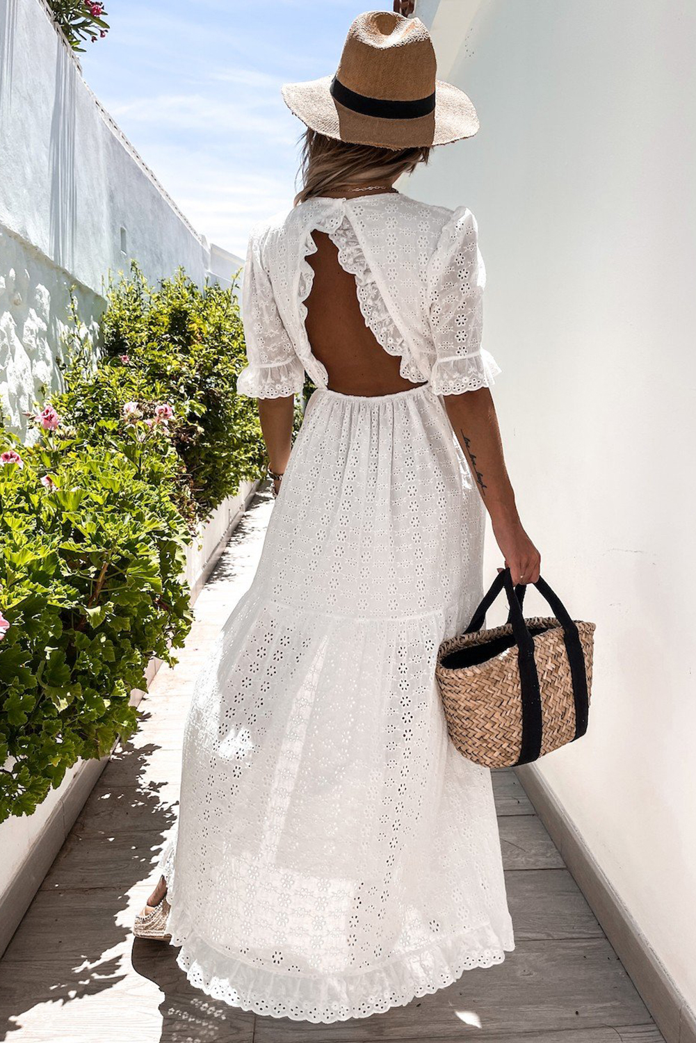 White Lace Crochet Open Back Ruffled High Waist Maxi Dress