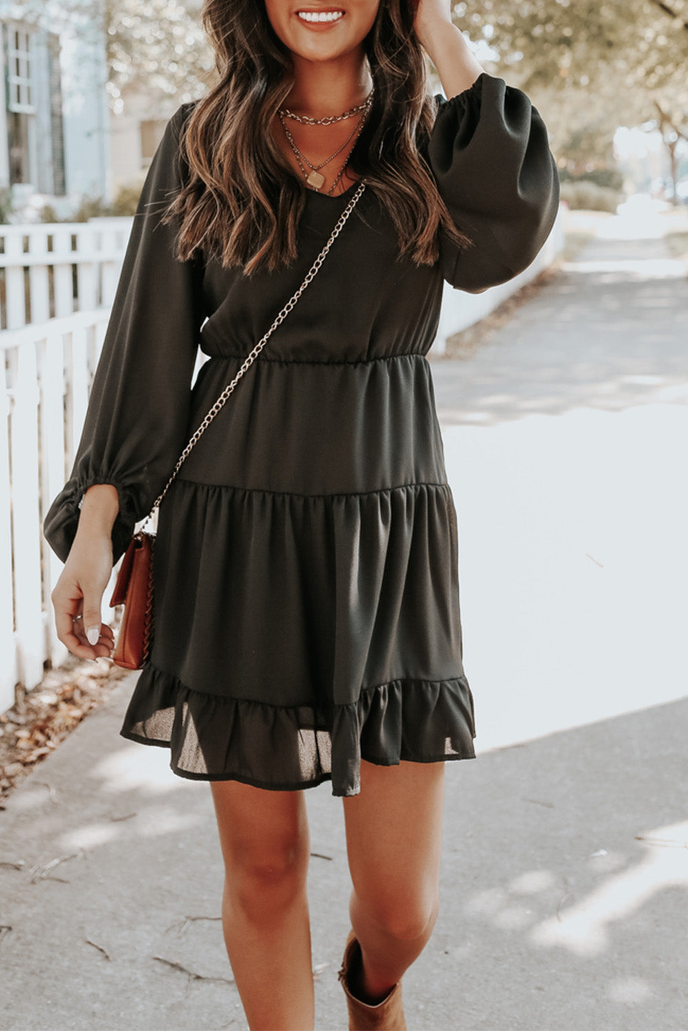 Tiered Ruffle Balloon Sleeve Mini Dress