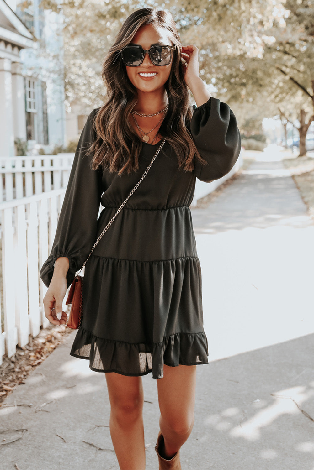 Tiered Ruffle Balloon Sleeve Mini Dress