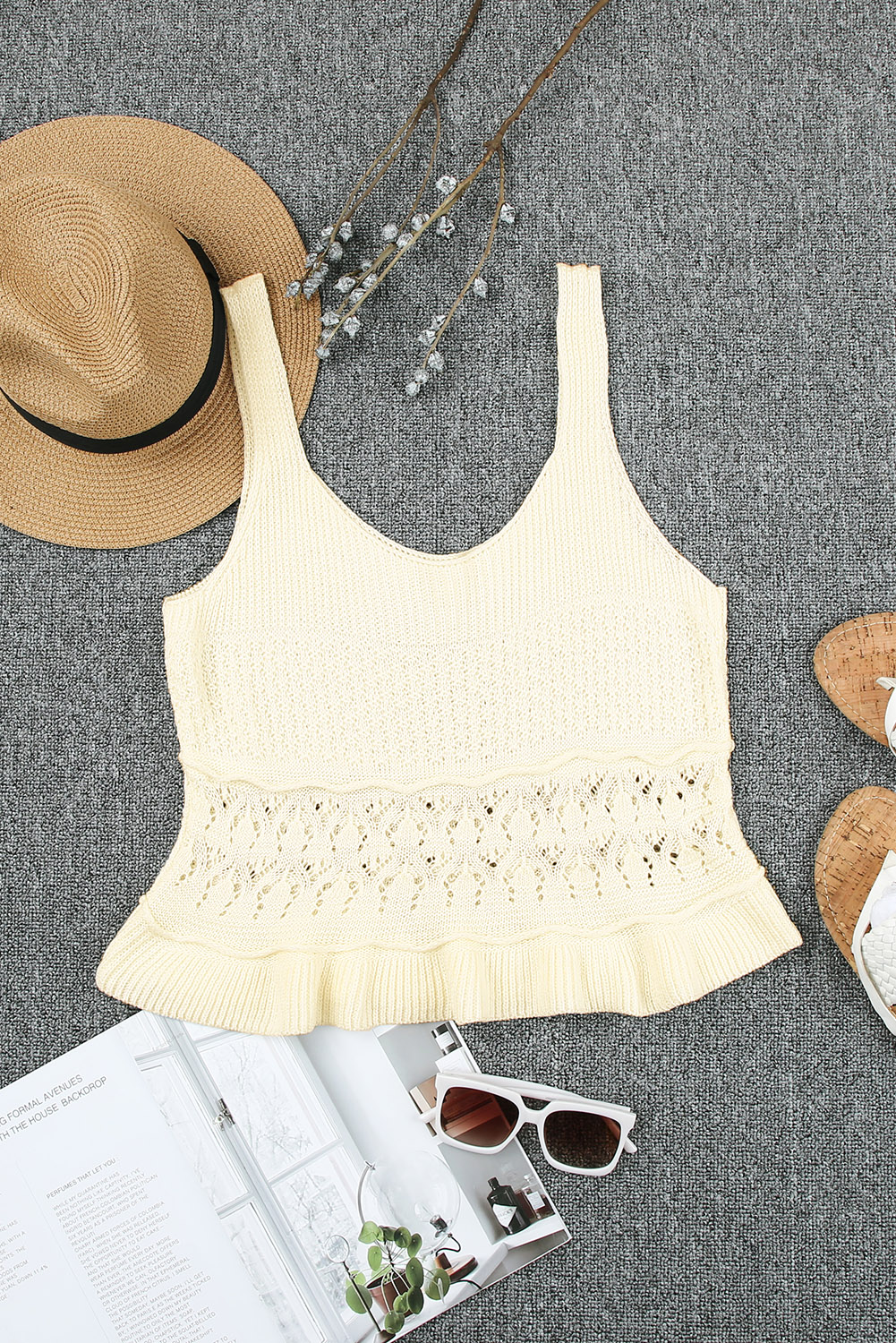 White Crochet Knit Tank With Ruffle
