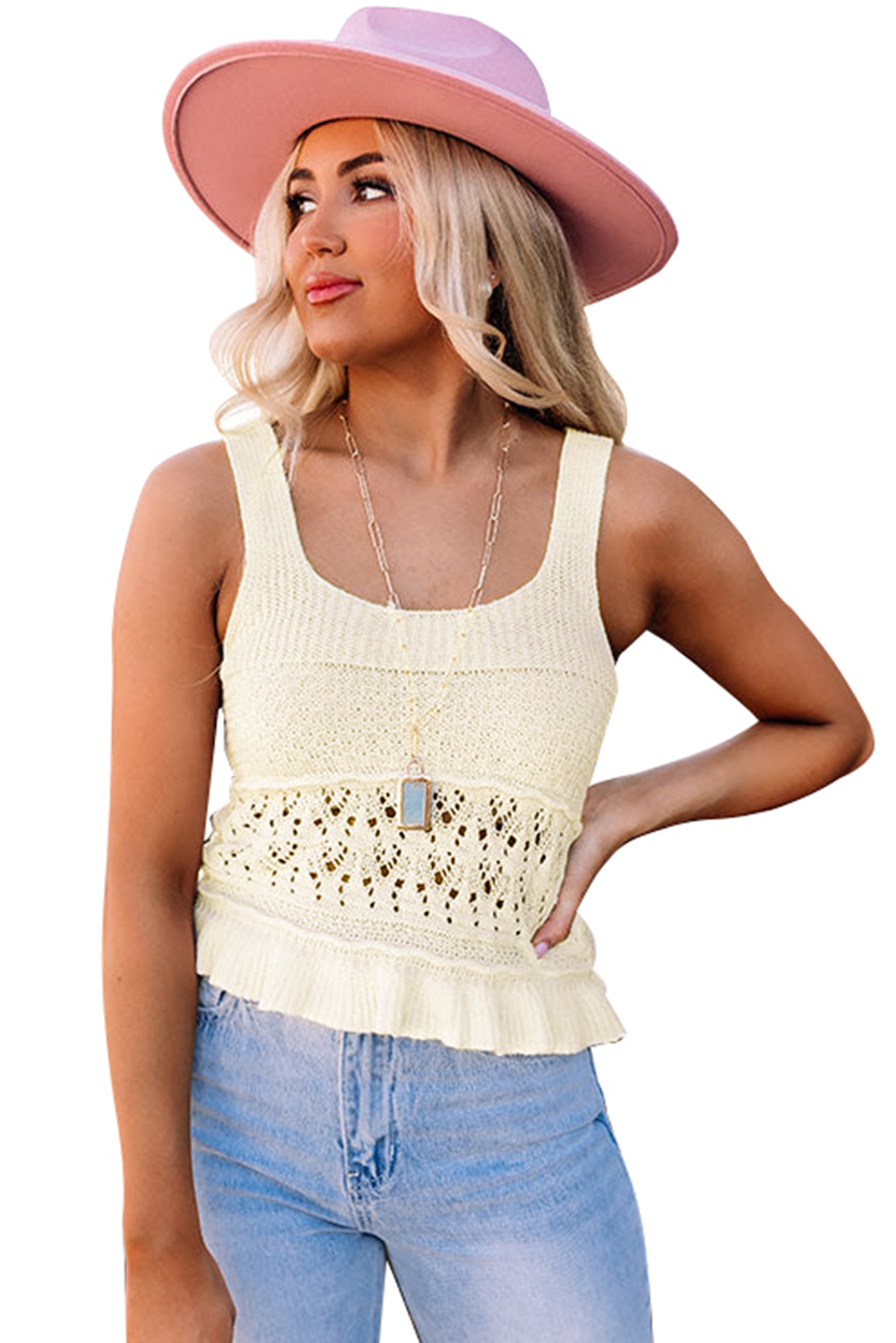 White Crochet Knit Tank With Ruffle